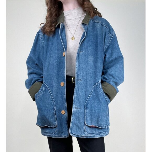 Vintage Jackets & Blazers - Vintage Denim Barn Coat Field Farm Utility Jean Jacket Oversized Plaid Americana